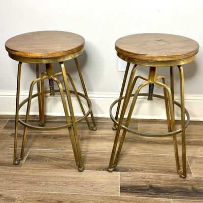 Set of 2 Swivel Top Barstools with Wood and Brass Metal Finish 