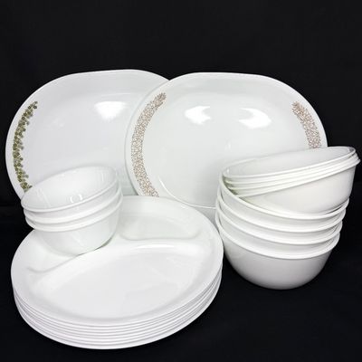 Set of White Corelle Dishes Including Divided Plates and 2 Platters 