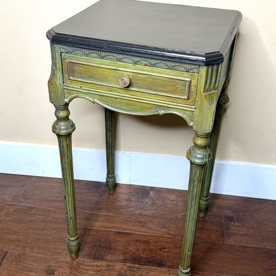 Vintage Wood Green Accent Table with Dark Gray Top 