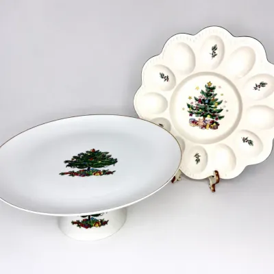 2 Vintage Pieces - Christmas Cake Pedestal Plate and Egg Plate - JAPAN and Nikko 