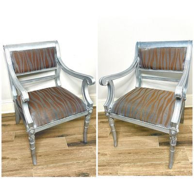Set of 2 Silver Armchairs with Tiger Print Cushions 