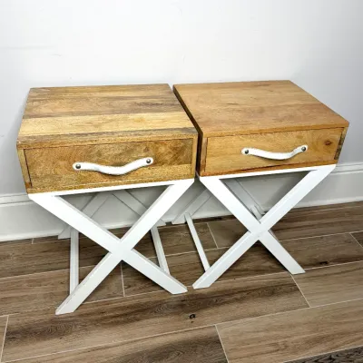Set of 2 Rustic Wood Top Nightstands with Metal Bases 