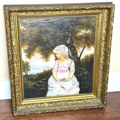 Antique Ornate Gilded Frame with Oil on Canvas Painting 