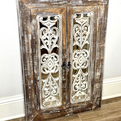 Rustic Distressed Wall Mirror with Decorative Panel Doors 