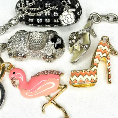 Set of 5 "Bling" and Enamel Keychains - Shoes, Flamingo, Car, and A Purse 