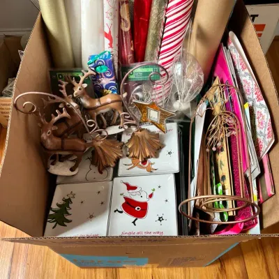 Huge MYSTERY Box Of Christmas Wrap, Ribbons, Decor & More