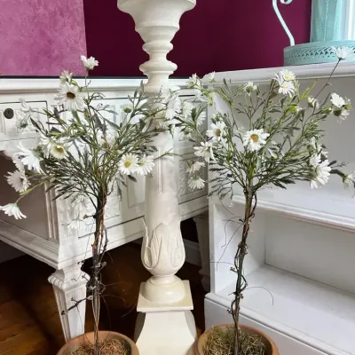 Tall Column Candleholder & Clay Potted Faux Plants 