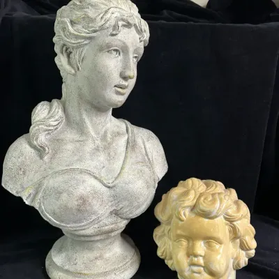 Distressed White Resin Female Bust & Vintage Ceramic Cherub Head