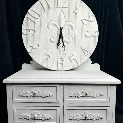 White Wooden Tabletop Vanity & Wall Clock