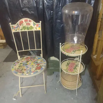 Folding Floral Mosaic Chair With Floral Stand And Extras