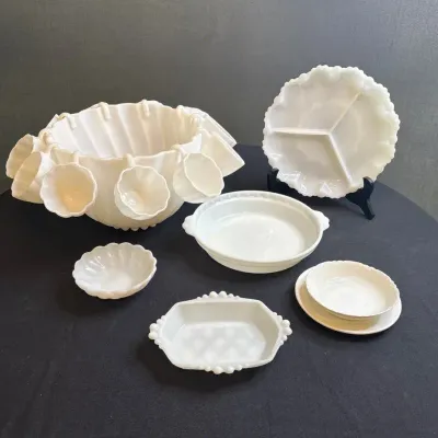 Vintage Milk Glass Punch Bowl/Cups & Other Serving Pieces 