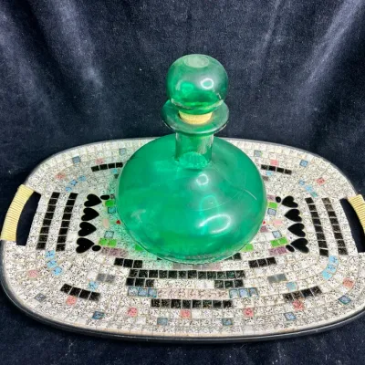 Vintage Mosaic Tray And Green Glass Decanter
