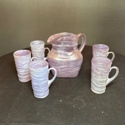 Consolidated Catalonian Amethyst-Washed Glass Pitcher with 5 Matching Mugs