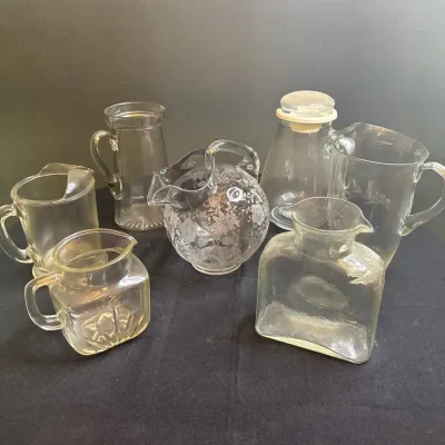 Assorted Clear Glass & Etched Pitchers 