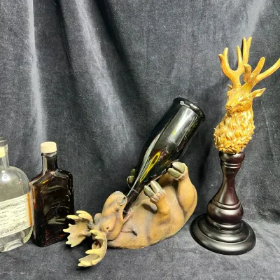 Moose Wine Bottle Holder, Stag Head Statue & Bottles