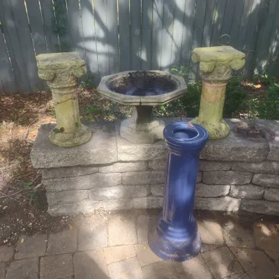 Three Clay Pedestals And A Shorty Bird Bath