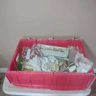Red Poly Bin Of Christmas Decor