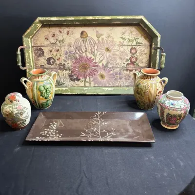 Vintage Decorative Asian-Style Collection with Painted Wood Tray