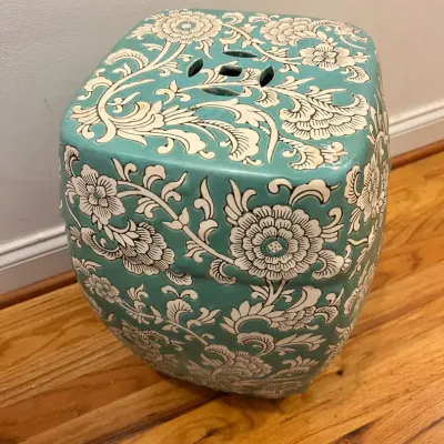 Vintage Ceramic Turquoise Garden Stool - 13x17 Inches