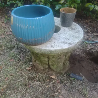 Concrete Pedestal And Two Decorative Clay Pots