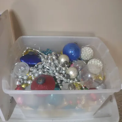 A Fantastic Bin Of Christmas Ornaments 