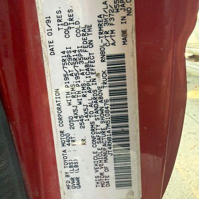Sale Photo Thumbnail #41: 1991 Toyota pick up, we have four different sets of Toyota keys. None of them are Turning in the ignition. The neighbor stated that the vehicle was his daily runner, but we are unable to start it. Clean title, VIN number
 JT4RN8187M5108476.
