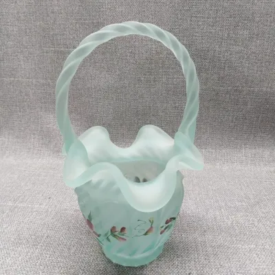 Fenton Hand Painted Green Ruffled Edge Basket