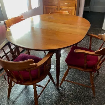Vintage Wooden Dining Table With Five Matching Captains Chairs