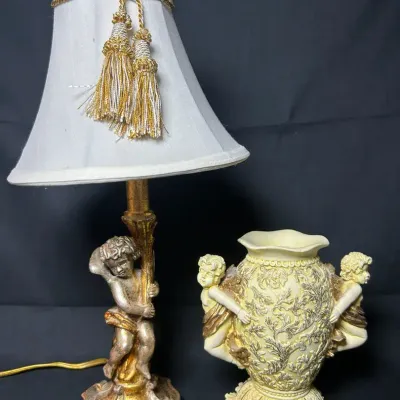 Vintage Cherub Lamp & Vase