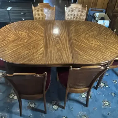 Vintage Oval Dining Table With Cane-Back Wooden Chair Set