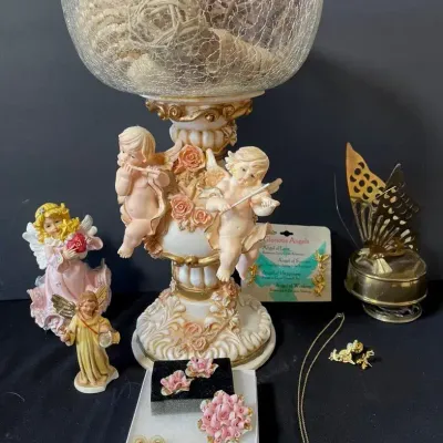 Vintage Cherub Pedestal Centerpiece With Pink Porcelain Rose Brooch