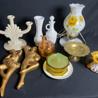 Vintage Hurricane Lamp, MCM Dancer Plaques & More!