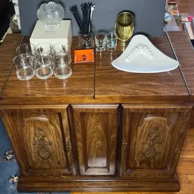 Vintage Flip-Top Bar Cabinet & Accessories