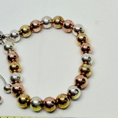 Adjustable Tri-Tone Beaded Bracelet & Stamped Inlay Earrings
