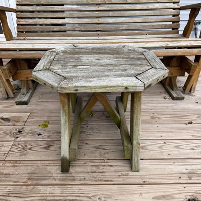Outdoor Wooden Glider Bench with Matching Side Table + 4 Pillows