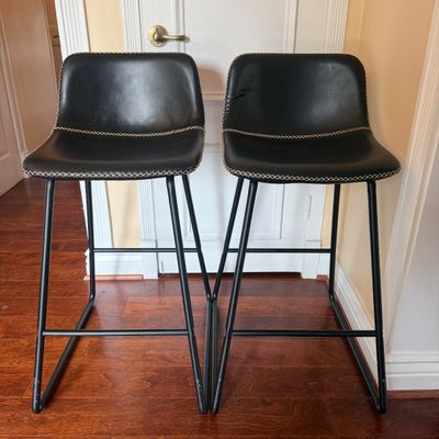 Pair of Black Faux Leather Bar Stools with Decorative Stitching