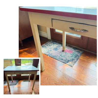 Vintage Enamel Top Table with Drawer – White Top with Red Trim
