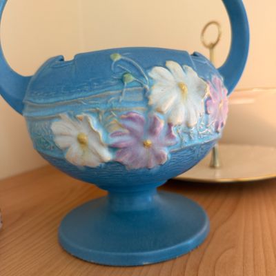 Vintage Roseville Pottery Cosmos Blue Handled Basket Vase #357-10 + Decorative Items