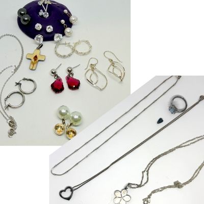 Sterling Silver Jewelry Lot - Earrings, Chain, Pendant
