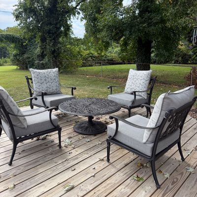 5-Piece Cast Metal Outdoor Patio Seating Set with Cushions & Round Table