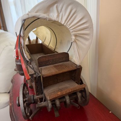 Vintage Wooden Covered Wagon Model with Canvas Cover & Barrel Accent