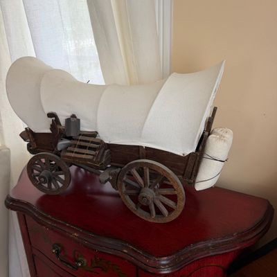 Vintage Wooden Covered Wagon Model with Canvas Cover & Barrel Accent