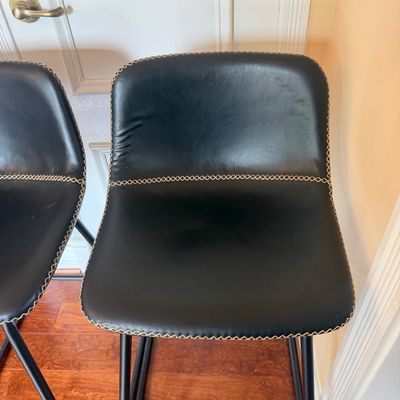 Pair of Black Faux Leather Bar Stools with Decorative Stitching