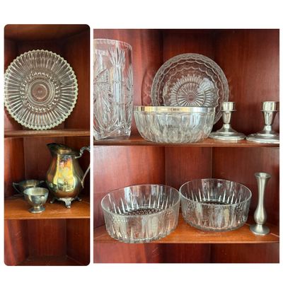 Estate Lot of Cut Crystal & Pressed Glass Serving Pieces with Silverplate/Pewter Accessories