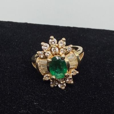 Gold Emerald & Diamond Floral Cluster Ring Stamped 14k – Vintage Estate Jewelry