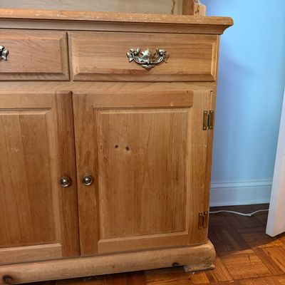 Antique-Style Primitive Pine Step-Back Hutch / Cupboard with Glass Doors & Drawers