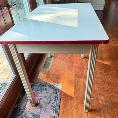 Vintage Enamel Top Table with Drawer – White Top with Red Trim
