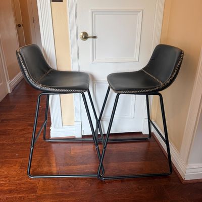 Pair of Black Faux Leather Bar Stools with Decorative Stitching