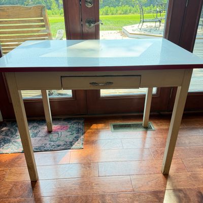 Vintage Enamel Top Table with Drawer – White Top with Red Trim