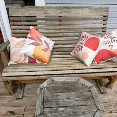Outdoor Wooden Glider Bench with Matching Side Table + 4 Pillows